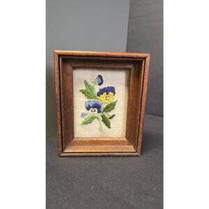 Vintage Framed Embroidered Pansy Floral Tapestry Wood Frame Mini Art 5in